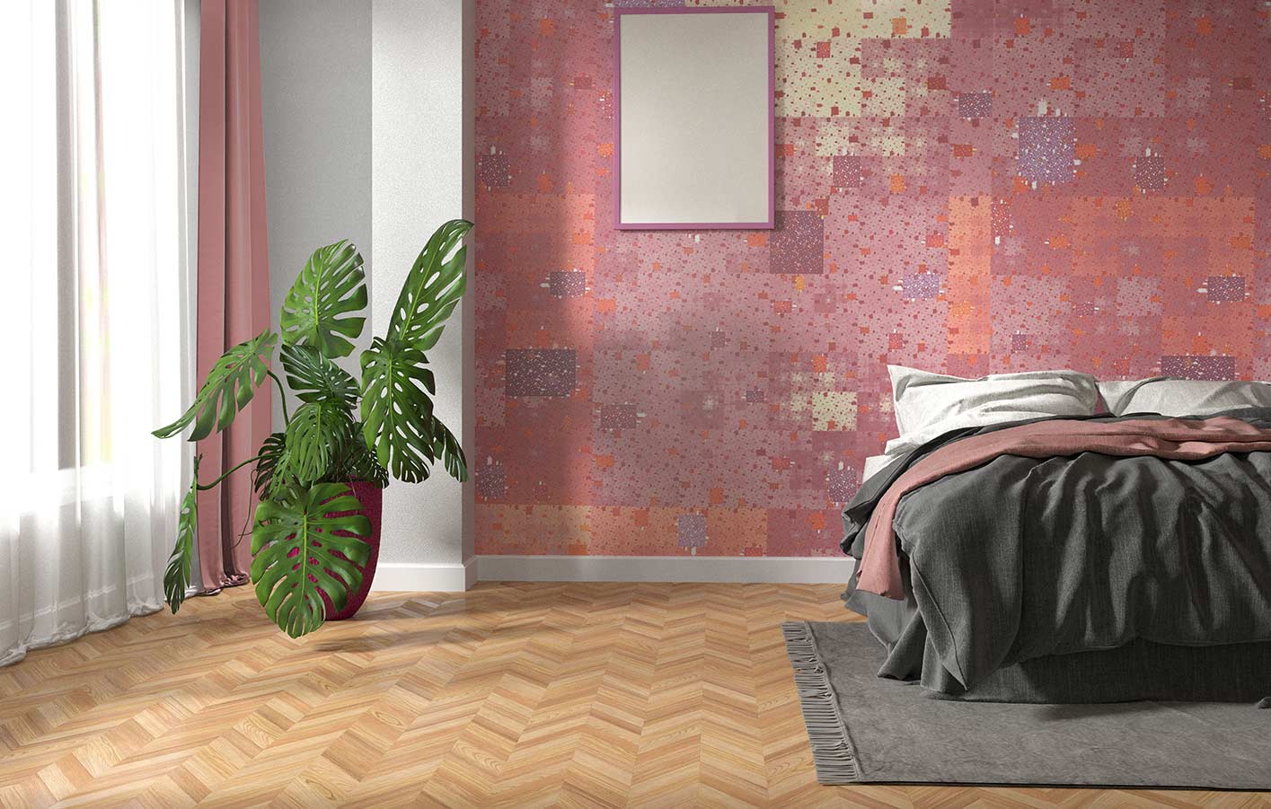 Schlafzimmer mit Parkettboden, modernem Bett und pinker Wandgestaltung